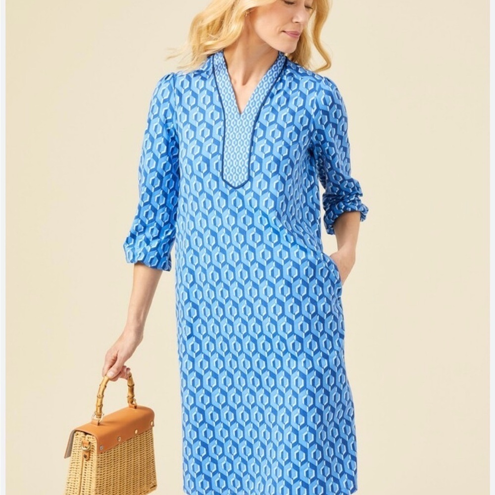 J. McLaughlin Emer Midi Dress in Blue Geometric Print Size Small Beach Resort - Picture 2 of 13